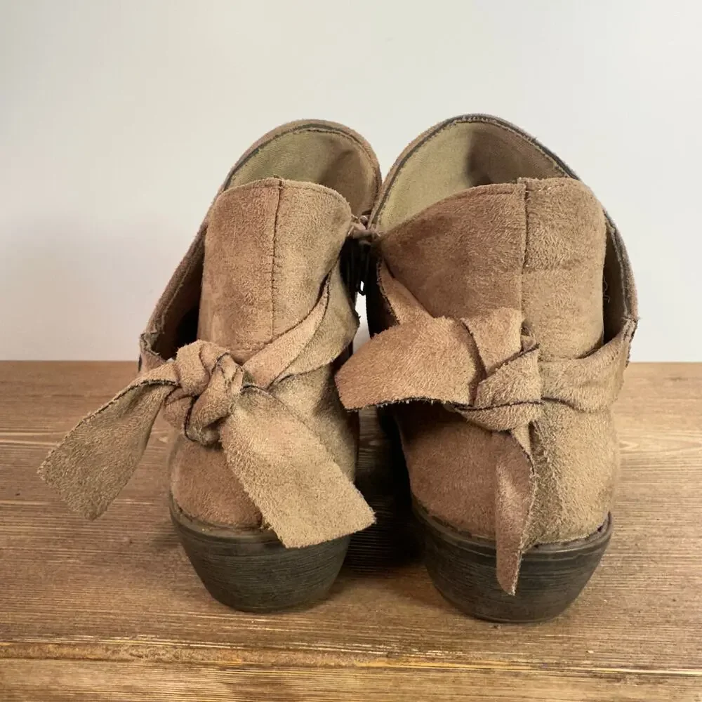 Boho Faux Suede Ankle Boots Womens 7/8 Softgirl Brown Low Block Heel Bow Casual - Picture 3 of 8